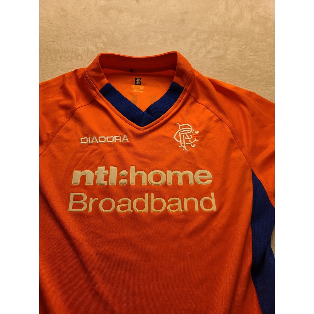 Vintage Diadora Glasgow Rangers FC Men's Jersey Orange 2002-03 V-Neck Away Kit S - Picture 11 of 13